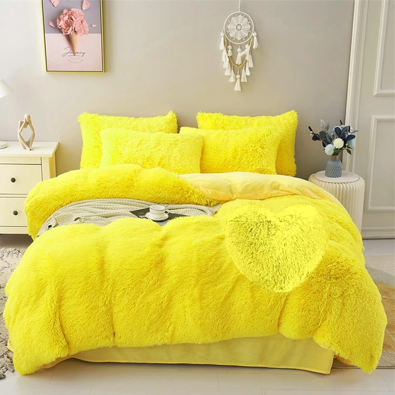 MorroMorn 5 PCS Shaggy Duvet Cover Bedding Set - Fluffy Comforter Cover Long Faux Fur Luxury Ultra Soft Cozy (Mustard Yellow, King/California King)