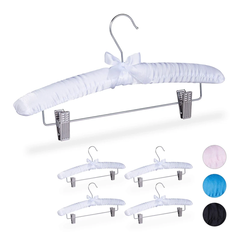 Relaxdays Satin Hanger Set of 5, Padded, Vintage, Adjustable Clips, Swivel Hook, 38 cm Wide, Trousers & Skirts, White
