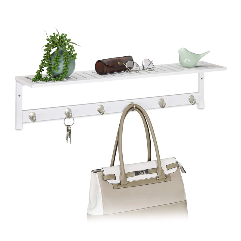 Relaxdays Towel Rack with 6 Hooks and Shelf, for Hallway, Kitchen & Bathroom, Modern, Bamboo, HWD: 18 x 75 x 16cm, White