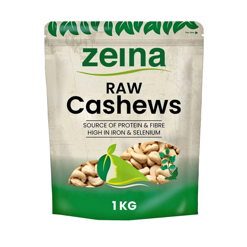 Zeina Cashew Nuts (Raw) with High Vitamin B6 and Iron (1Kg) - Natural Fibre and Protein. A Fresh Healthy Snack with Resealable Bag - Peanut and Sesame Free