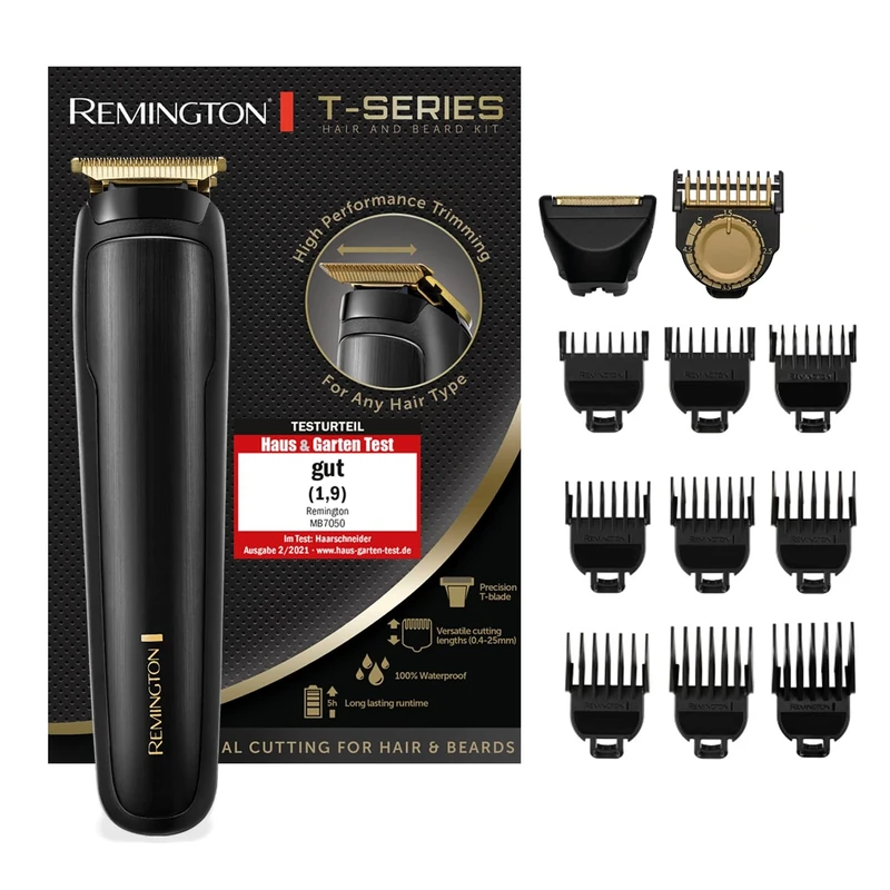 Remington Beard Trimmer, Men's Hair Clipper, 9 Hair Combs + Foil Razor Accessory, Rechargeable 5H Autonomy, 100% Waterproof, T Blade for Details, MB7050