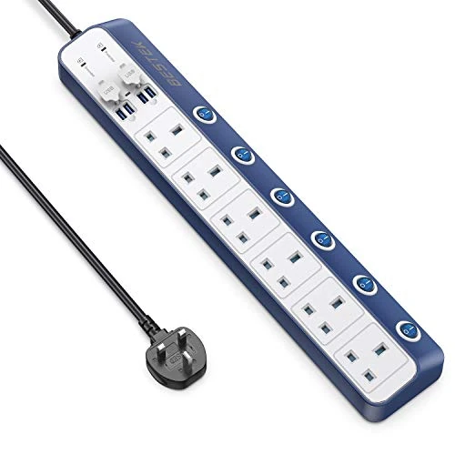 Surge Protection Extension Lead, BESTEK 6 Way 1.8M Individual Switch Power Strip Plug Socket with 4 USB Ports (White/Blue)