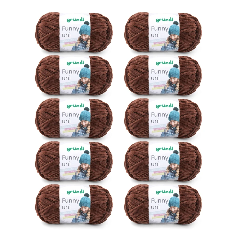 Gründl Funny Plain Wool - Soft Chenille Wool for Crocheting - Cuddly and Skin-Friendly - 100% Polyester - 10 Balls 100 g / 120 m - Needle Size 5-6, Brown