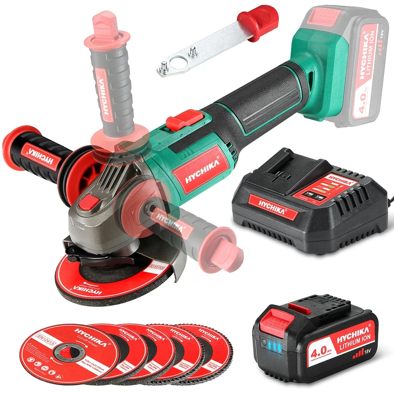 HYCHIKA 18V 8500RPM Cordless Angle Grinder with 5 Grinding Discs, 4.0Ah Battery and 1 Hour Fast Charger, for Grinding, Cutting and Polishing - Image 1