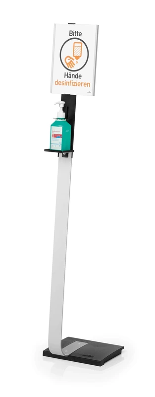 Durable 589223 Floor stand with Disinfectant Holder and Rotating Information Board A4, for Disinfectant Bottles Up to 88 x 88 x 215 mm, Silver