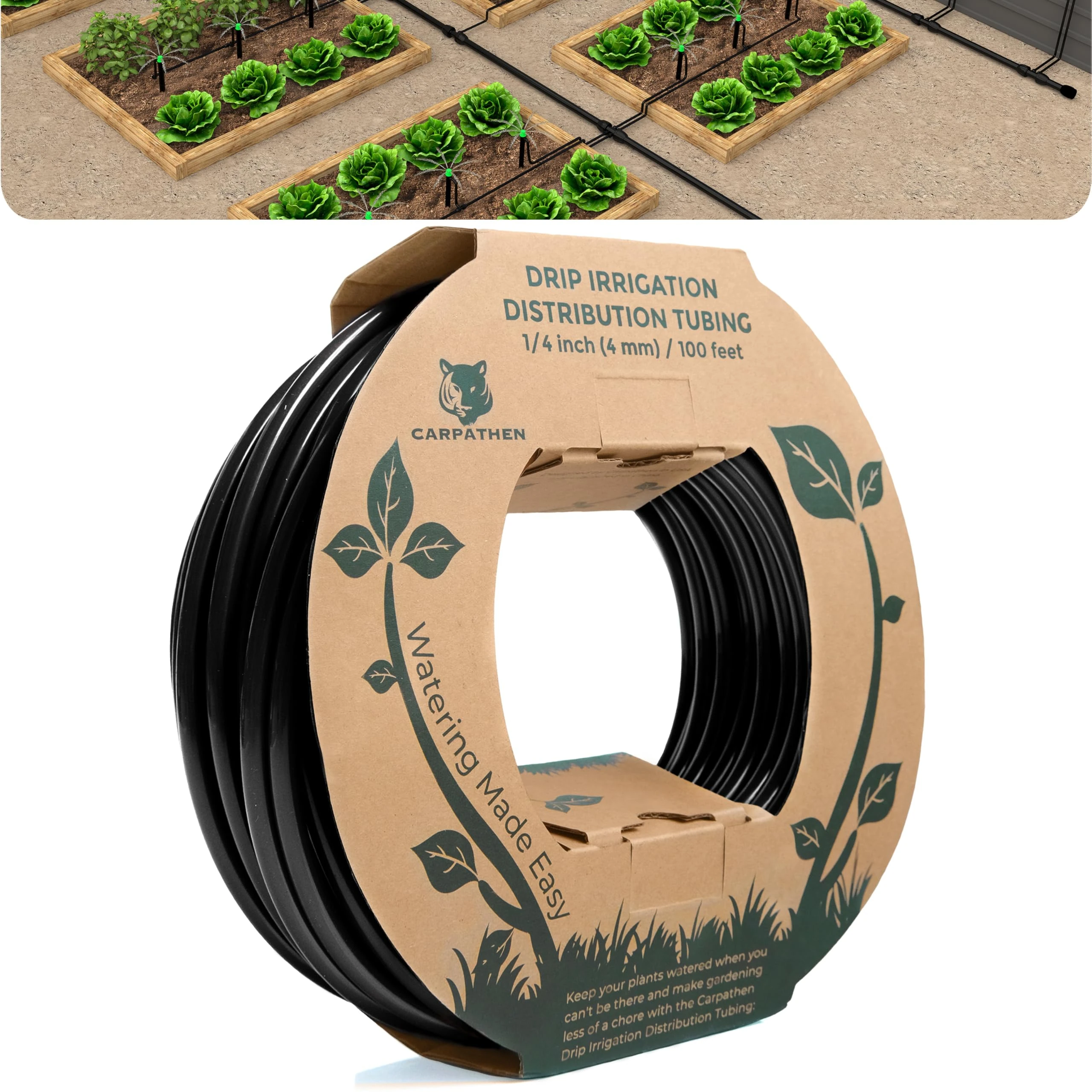 CARPATHEN 1/4 Drip Irrigation Tubing - 100 ft Black Drip Irrigation Hose Perfect for DIY Garden Irrigation System, Hydroponics, Misting Tubing, or as Blank Distribution Tubing for Any Garden Project