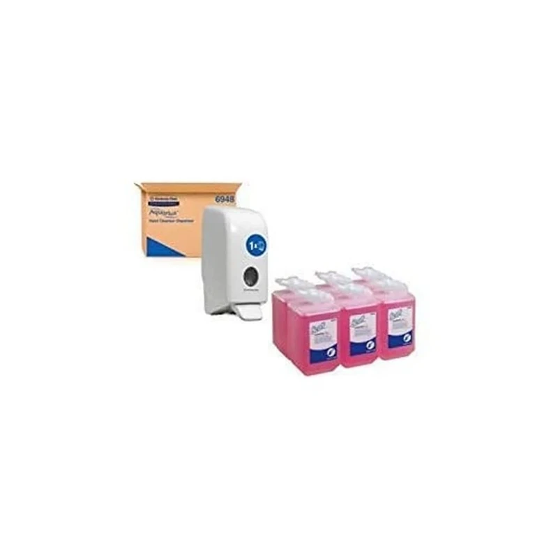 Aquarius Hand Cleanser Dispenser 6948-1 x White Wall Mounted Dispenser For Hand Wash + 6 x Scott Essential Foam Everyday Use Hand Wash 6340 - Scented Foaming Hand Soap - Pink Hand Wash Refills