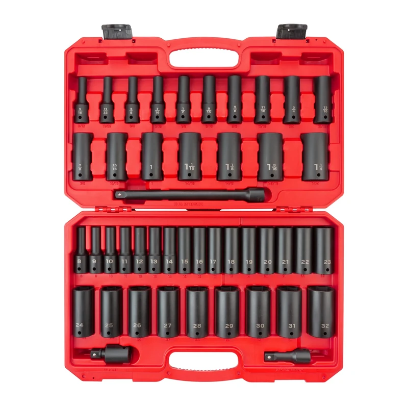 TEKTON 1/2 Inch Drive Deep 6-Point Impact Socket Set, 45-Piece (5/16-1-1/4 in., 8-32 mm) | SID92404