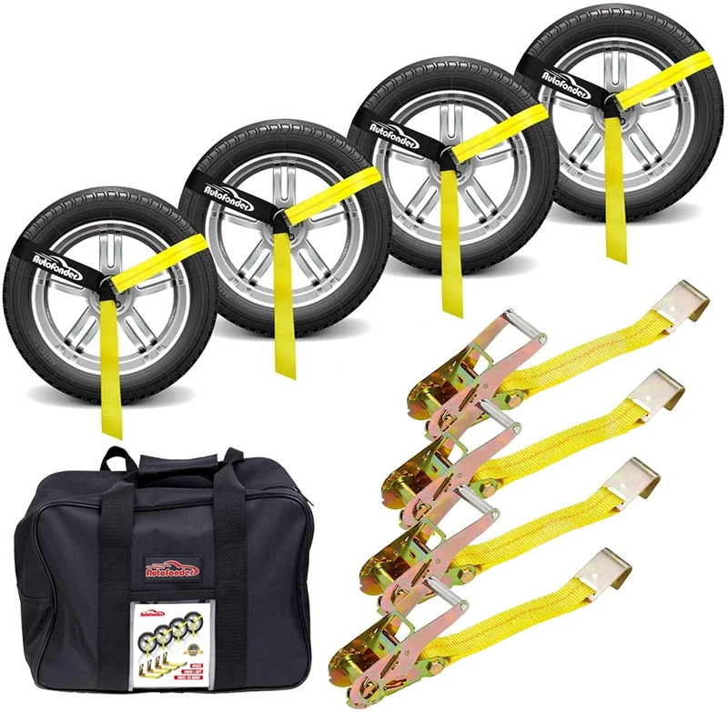 Autofonder Adjustable Vehicle Tie Down Kit with Flat Hook Heavy Duty-Break Strength 10,000 lbs-Working Load 3333 lbs-2" x 10' Lasso Ratchet Straps for Car, Truck, UTV(Classic Yellow)