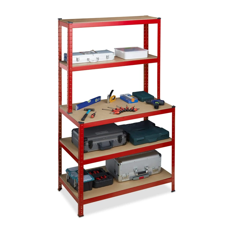 Relaxdays Heavy Duty Shelving Unit with Workbench, Load 900 kg, 5 Levels, for Pluging, Basement, 180 x 100 x 60 cm, Steel, MDF, Red, 1 Piece