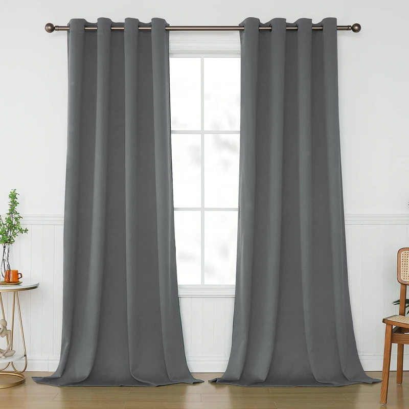 KEQIAOSUOCAI Medium Gray Blackout Curtains Drapes 108 Inch Length for Bedroom - Grommets Thermal Insulated Sun Block Drapery for Living Room, 2 Panels, Grey, 52x108