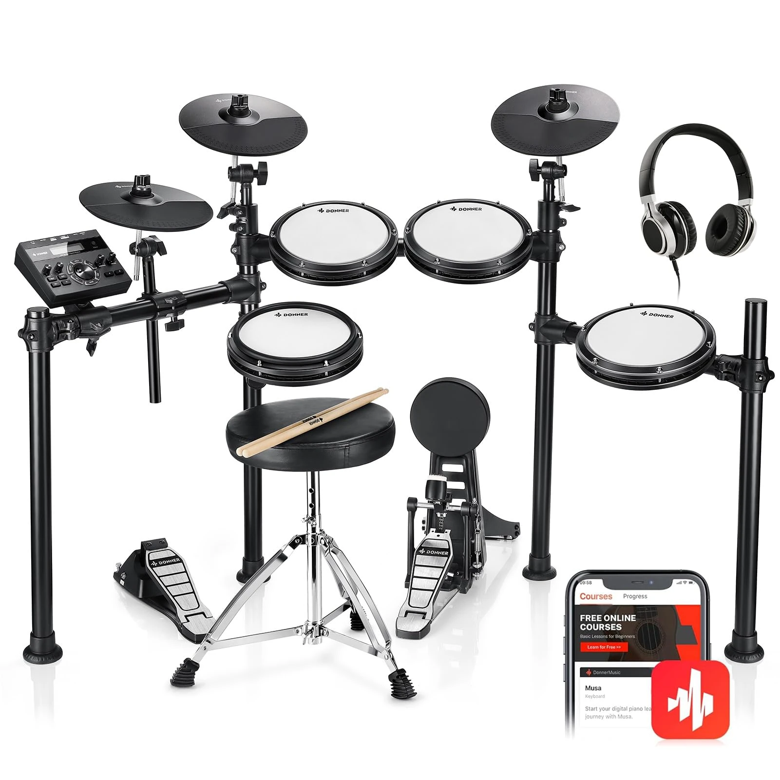 Donner DED-200 Electric Drum Set With Drum Throne/Maple Stick/Earphone/Audio Cable