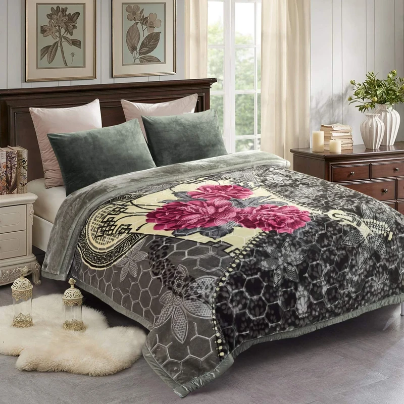 JML Fleece Blanket, Plush Blanket King Size 85" x 93", 10 Pounds Heavy Korean Style Mink Blanket - Silky Soft and Warm, 2 Ply A&B Printed Raschel Bed Blanket, Grey Red Floral