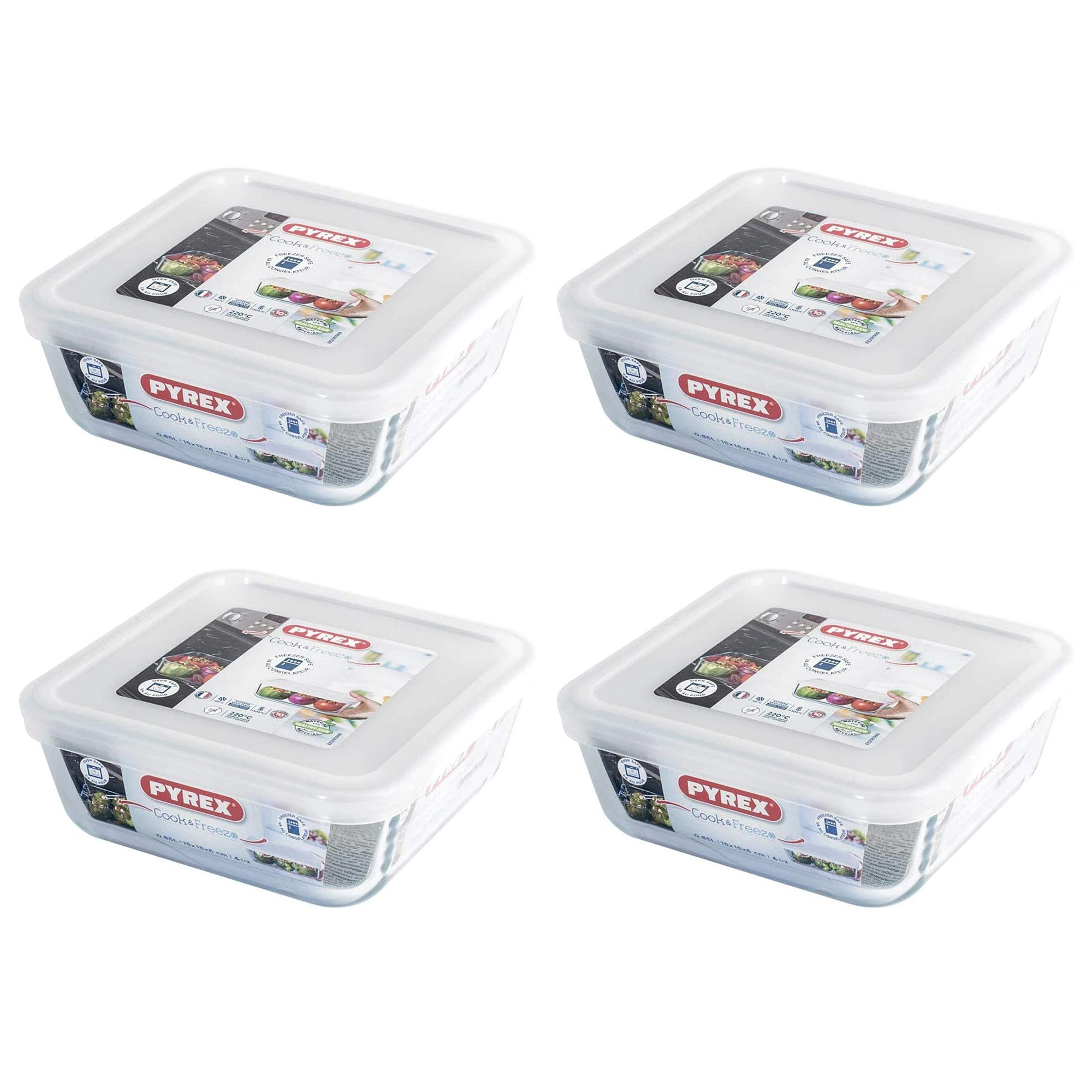 Pyrex Microwave Safe Classic Square Glass Dish with Plastic Lid 0.85 Litre White (Pack of 4)