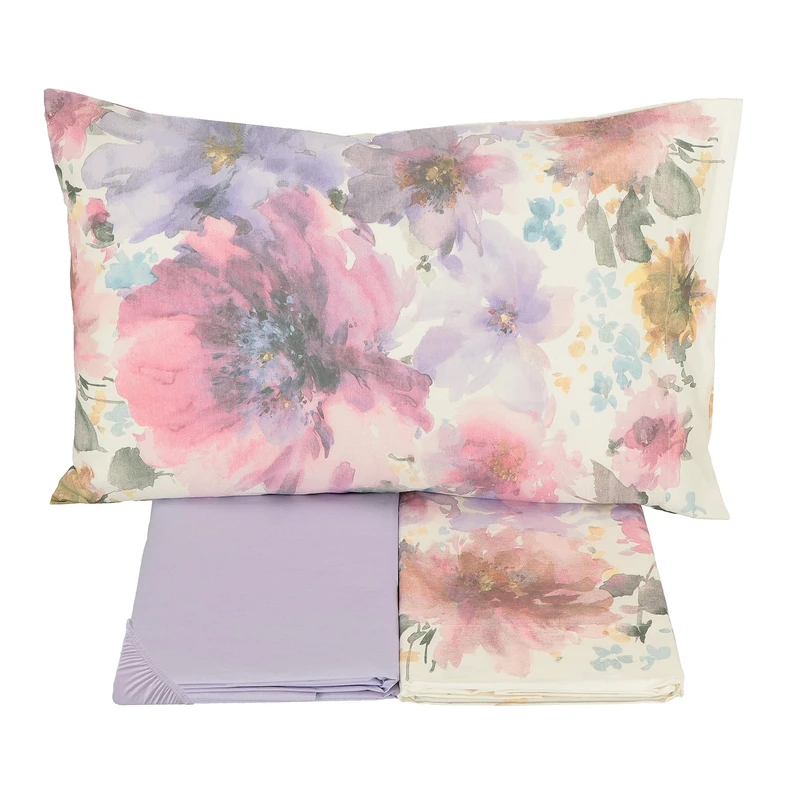 Gabel Complete Double Sheet Set in Pure Cotton Hugs 240 x 280 cm + Fitted Sheet 175 x 200 cm + 2 Pillowcases 50 x 80 cm Flower Power