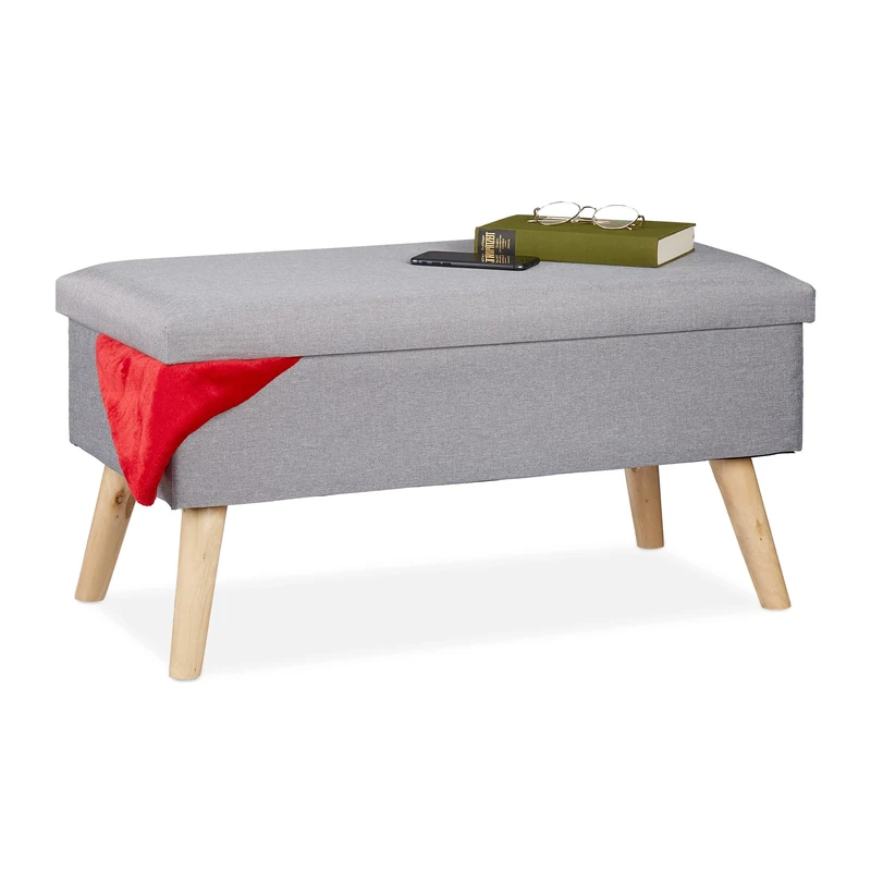 Relaxdays Storage Ottoman, Padded Seat Bench, Wooden Legs, for Hallway & Living Room, HxWxD: 39 x 77 x 39 cm, Grey, Fibreboard, 77 x 39 x 39 cm