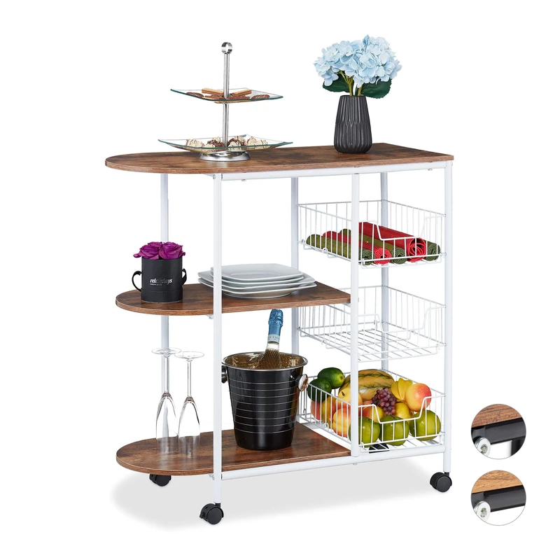 Relaxdays Kitchen Trolley, 3 Levels and 3 Baskets, H x W x D approx. 84 x 83 x 37 cm, Metal & MDF, White/Brown