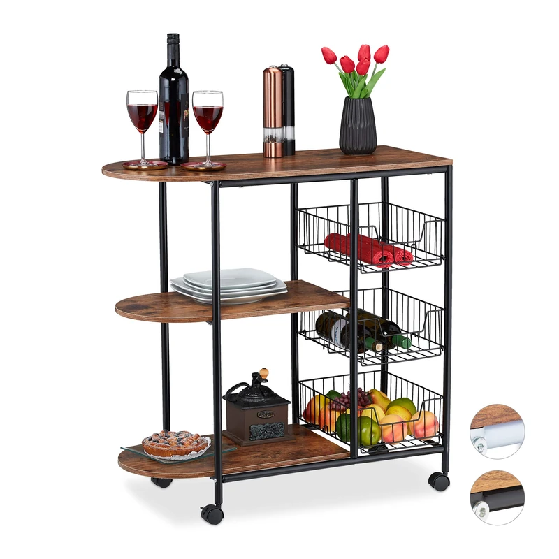Relaxdays Kitchen Trolley, 3 Levels and 3 Baskets, H x W x D approx. 84 x 83 x 37 cm, Metal & MDF, Black/Brown