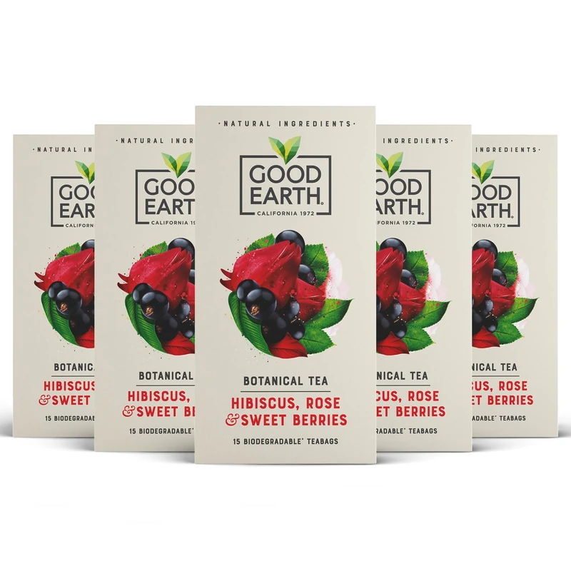 Good Earth Tea Co. Hibiscus, Rose & Sweet Berries Tea Bags – Bold Herbal Blend with Hibiscus Flower, Red Berries and Floral Rose – 5 x 15 Plant-Based Teabags