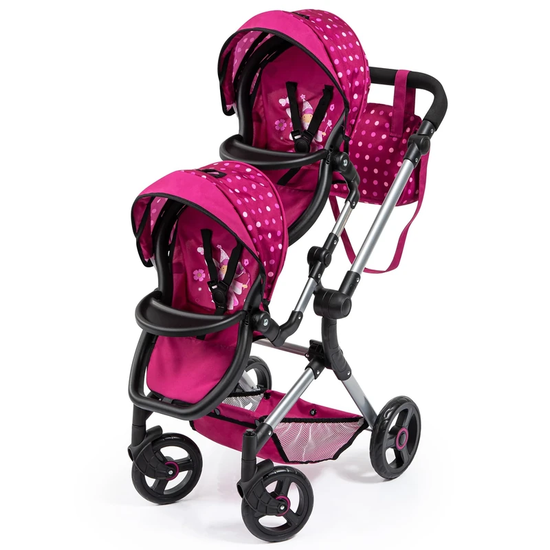 Bayer Design 26267AA dolls pram Twin Neo with bag, height-adjustable handle, reversible, foldable, integrated basket, Bordeaux, Pink