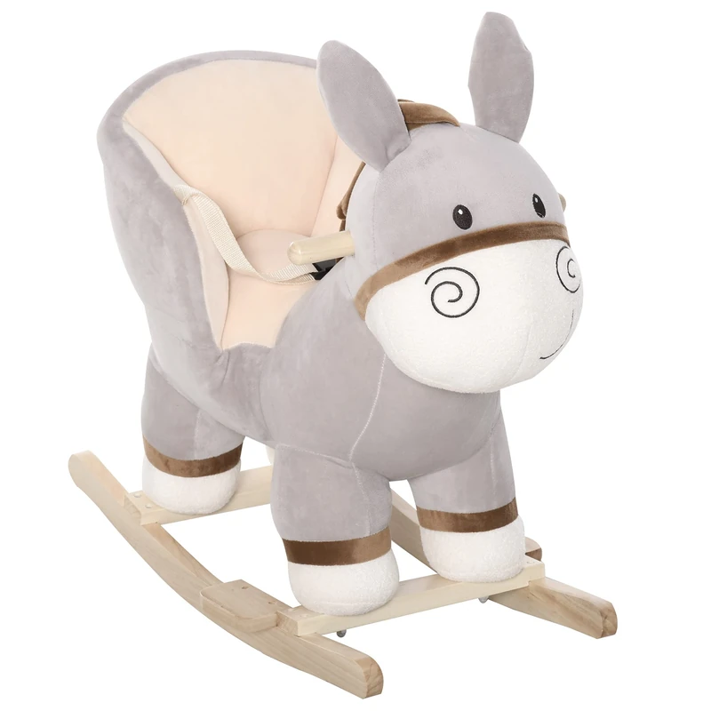 HOMCOM Kids Rocking Horse, Children Plush Ride On Donkey Animal Rocker w/Sound, Wood Base Seat, Safety Belt, Baby Toy Rocker for Toddler 18-36 Months, Grey