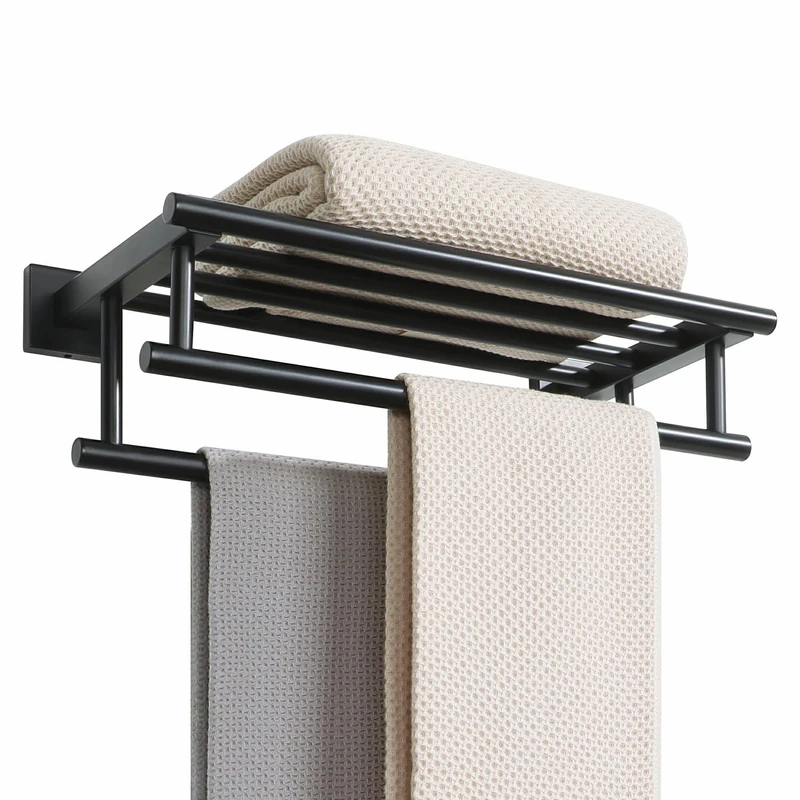 Alise Towel Rack for Bathroom Wall Mount,Bathroom Towel Holder Double Towel Bars with Shelf,16 Inch SUS304 Stainless Steel Towel Hanger for Bathroom Walls,Matte Black