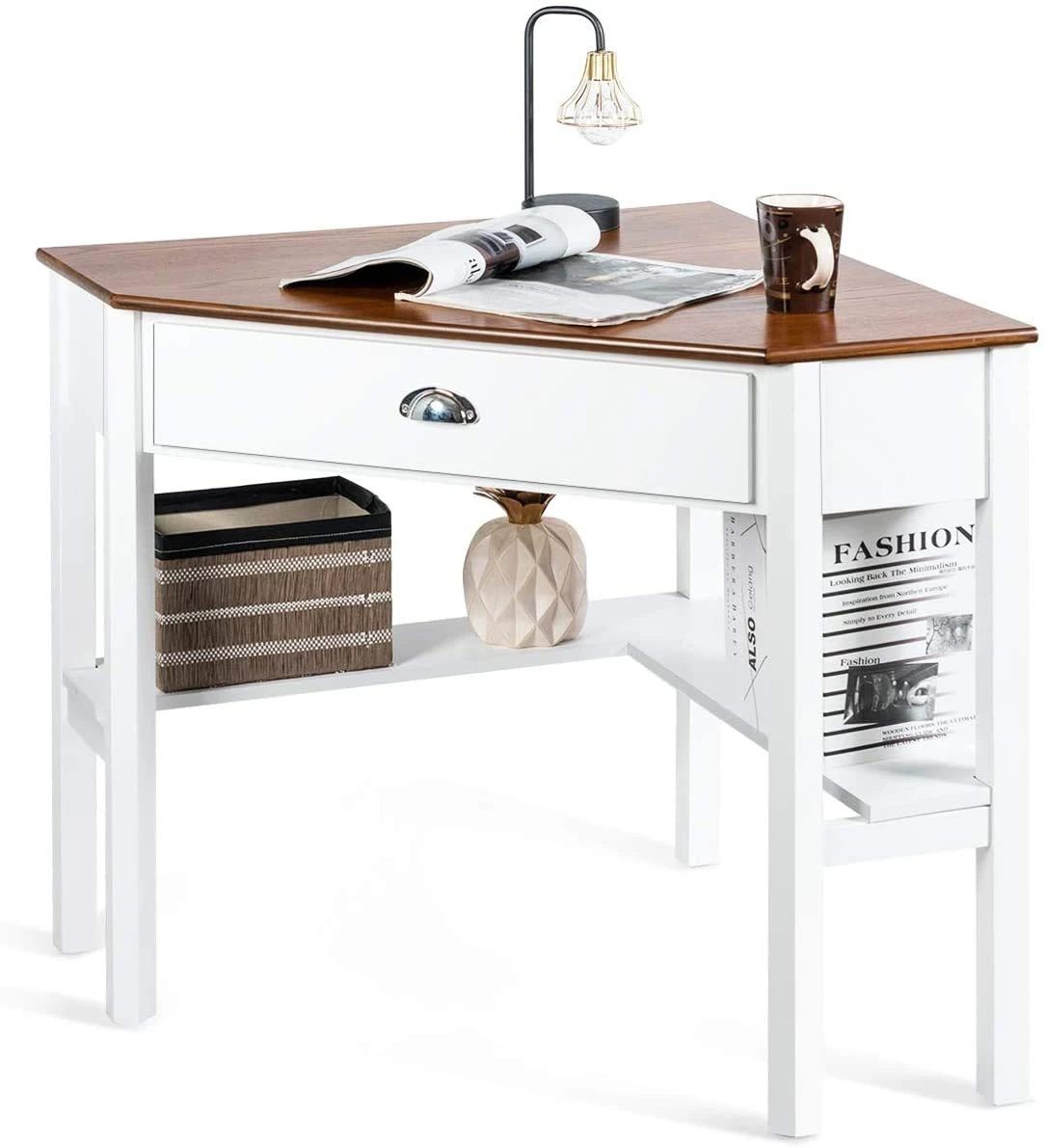 Nightcore Corner Desk for Small Space, Wood Corner Computer Desk, Compact Writing Table w/Drawer & Storage Shelves, Space Saving Study Workstation, Laptop PC Corner Table for Home Office