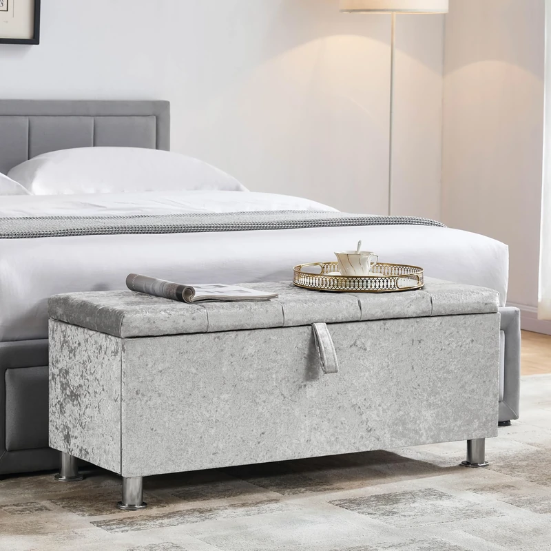 Vida Designs Valencia Storage Ottoman, Fabric in Silver Velvet, 100x40x44cm - Storage Ottoman with Lift-Up Lid, Ideal for Toys, Bedding & Footstool Use | UKFR Certified