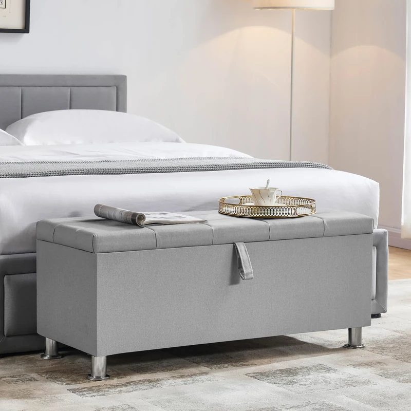 Vida Designs Valencia Storage Ottoman, Fabric in Light Grey Linen, 100x40x44cm - Storage Ottoman with Lift-Up Lid, Ideal for Toys, Bedding & Footstool Use | UKFR Certified