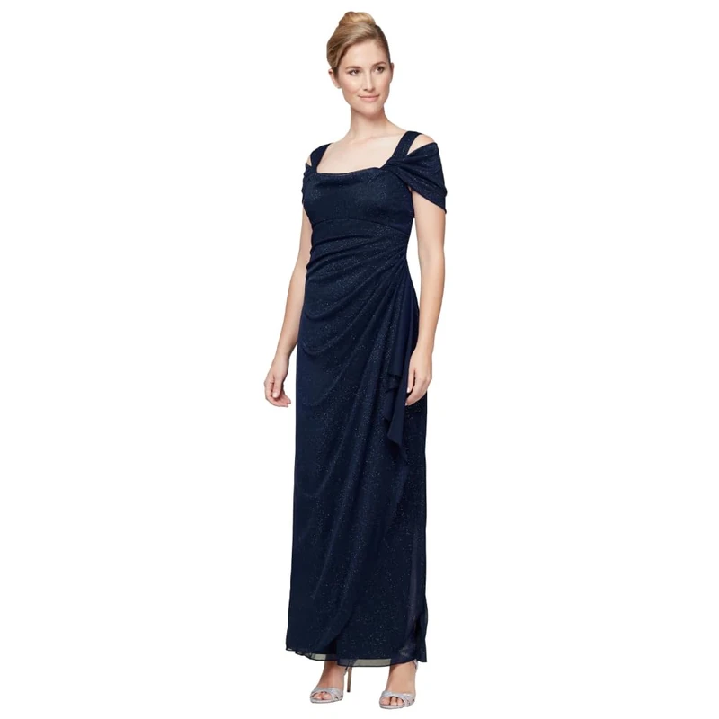 Alex Evenings Women's Long Cold Shoulder Dress (Petite and Regular Sizes) Special Occasion, Dark Navy Glitter, 12