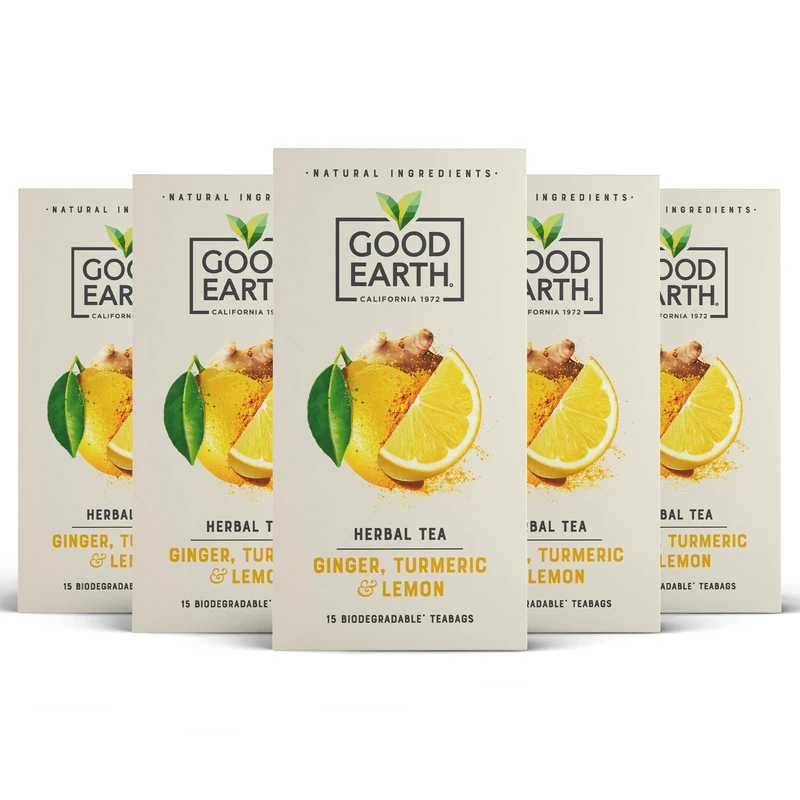 Good Earth Tea Co. Ginger, Turmeric & Lemon Tea Bags – Zingy Herbal Blend with Ginger, Turmeric and Lemon – 5 x 15 Plant-Based Teabags