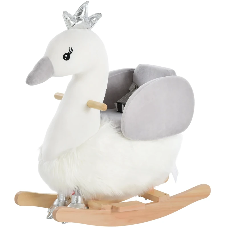 HOMCOM Kids Rocking Horse, Children Plush Ride On Swan Animal Rocker w/Sound, Wood Base Seat, Safety Belt, Baby Toy Rocker for Toddler 18-36 Months, White and Grey