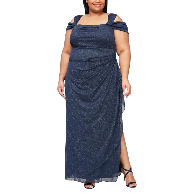 Alex Evenings Women's Plus Size Long Cold Shoulder Dress with Ruched Skirt Special Occasion, Dark Navy Glitter, 18