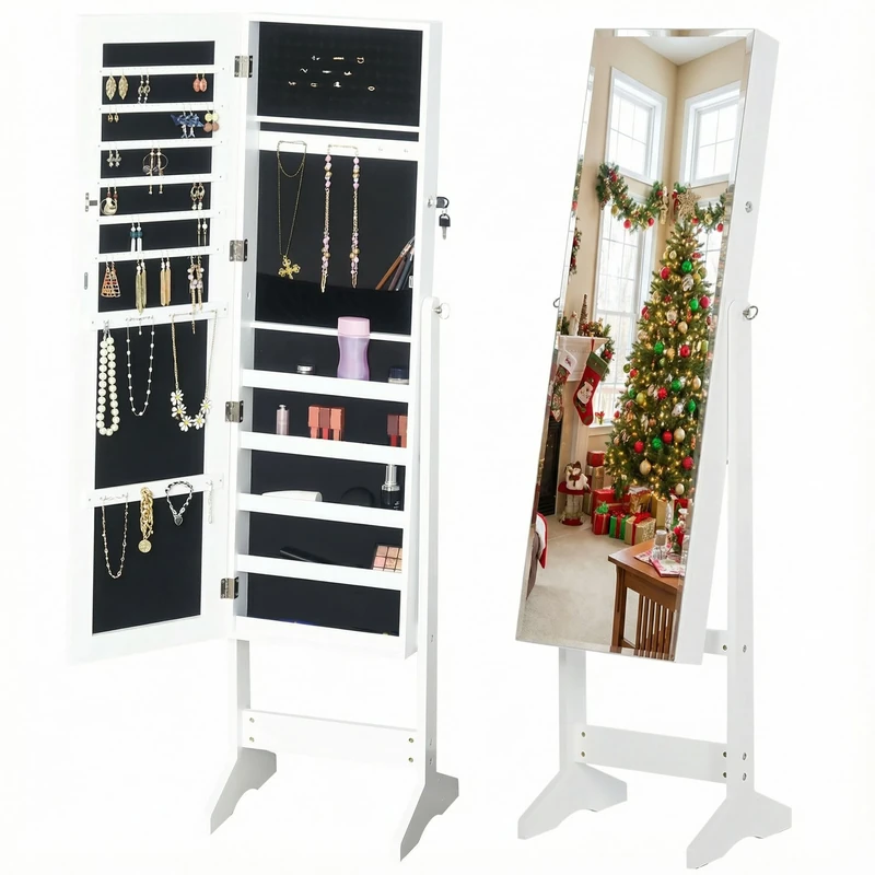 HOMCOM Jewelry Cabinet Standing Mirror Full Length Makeup Lockable Armoire Storage Organizer White - Image 1