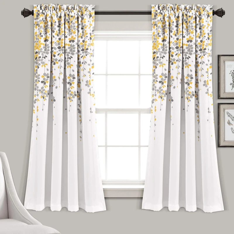 Lush Decor Weeping Flower Light Filtering Window Curtain Panels, Pair, 52" W x 63" L + 2" Header, Yellow & Gray - Charming Modern Floral Curtains for Living Room, Dining Room, & Bedroom