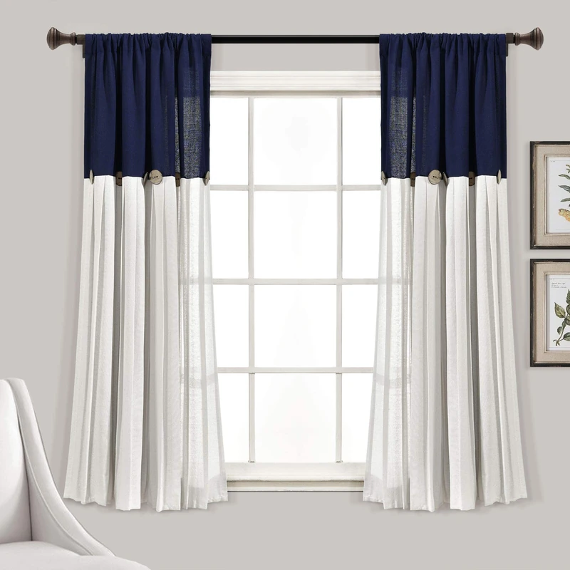 Lush Decor Linen Button Window Curtain Single Panel, Navy & White, 63" L x 40"