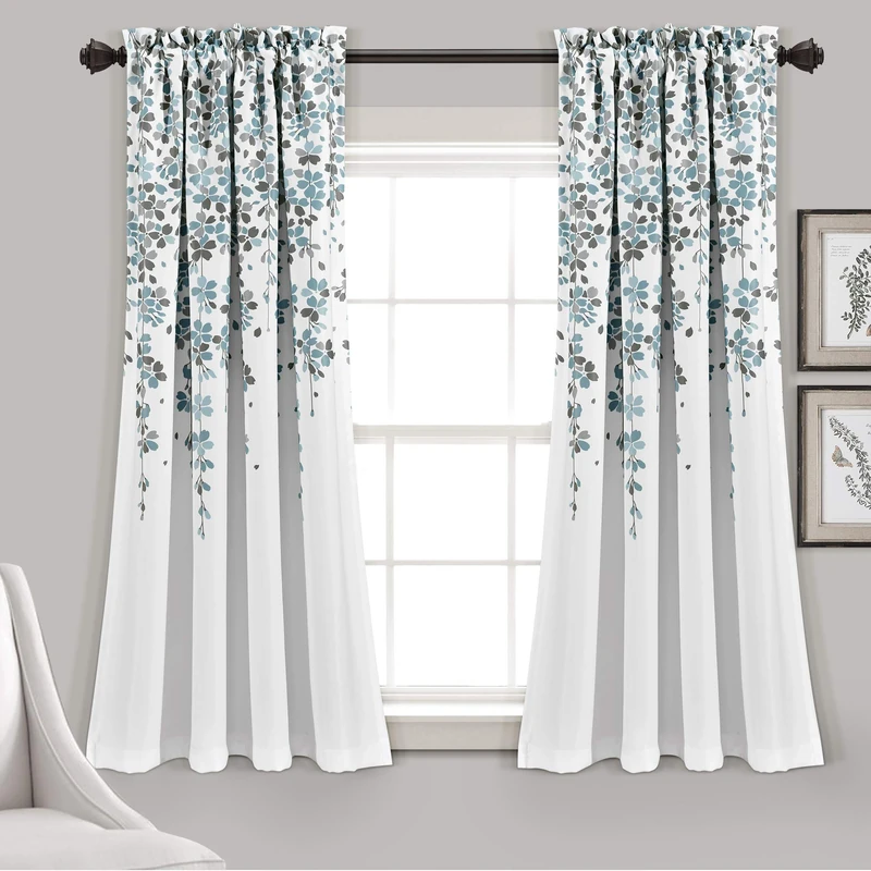 Lush Decor Weeping Flower Light Filtering Window Curtain Panels, Pair, 52" W x 63" L + 2" Header, Blue & Gray - Charming Modern Floral Curtains for Living Room, Dining Room, & Bedroom