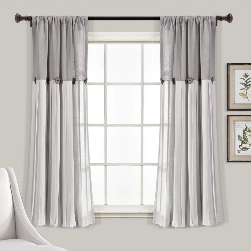 Lush Decor Linen Button Window Curtain Single Panel, Gray & White, 63" L x 40"