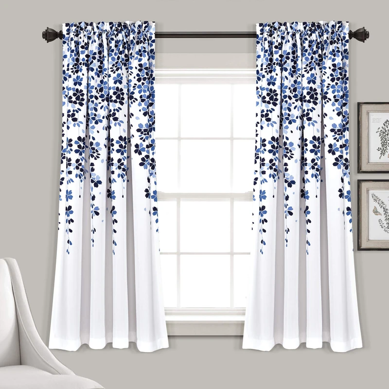 Lush Decor Weeping Flower Light Filtering Window Curtain Panels, Pair, 52" W x 63" L + 2" Header, Navy & Blue - Charming Modern Floral Curtains for Living Room, Dining Room, & Bedroom