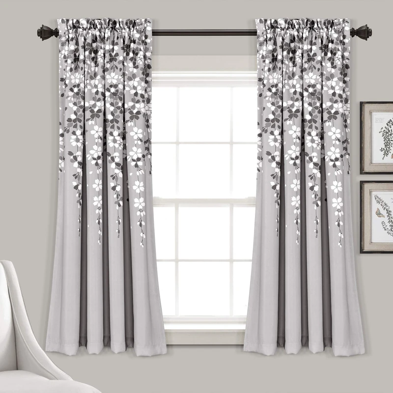 Lush Decor Weeping Flower Light Filtering Window Curtain Panels, Pair, 52" W x 63" L + 2" Header, Gray - Charming Modern Floral Curtains for Living Room, Dining Room, & Bedroom