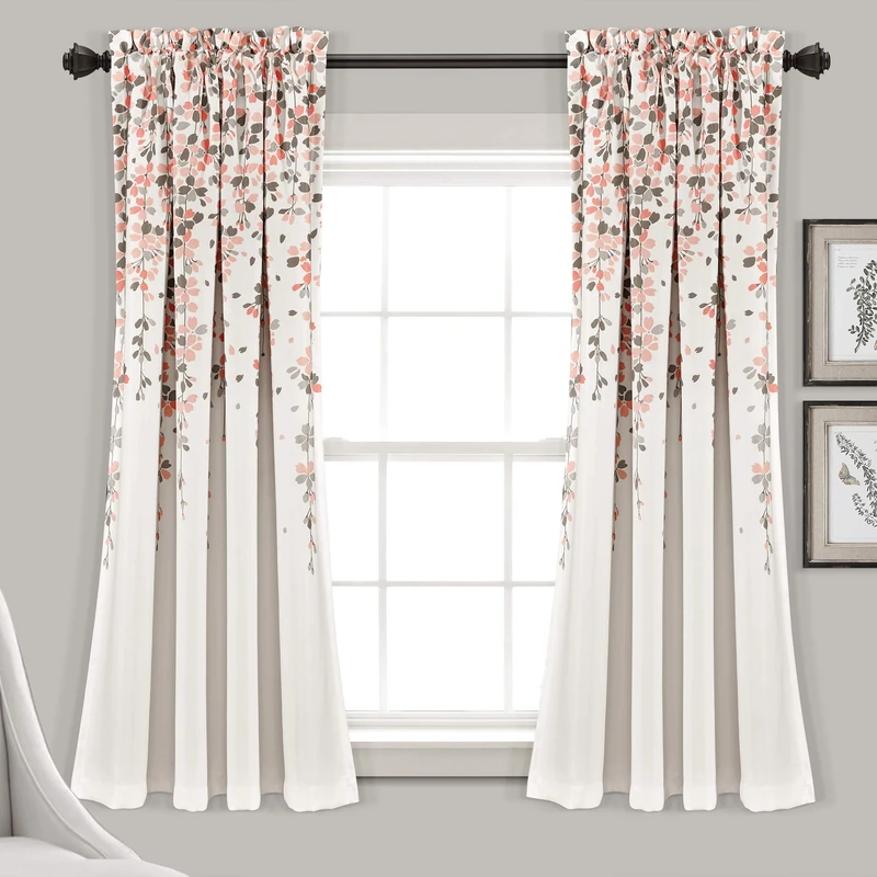 Lush Decor Weeping Flower Light Filtering Window Curtain Panels, Pair, 52" W x 63" L + 2" Header, Blush & Gray - Charming Modern Floral Curtains for Living Room, Dining Room, & Bedroom