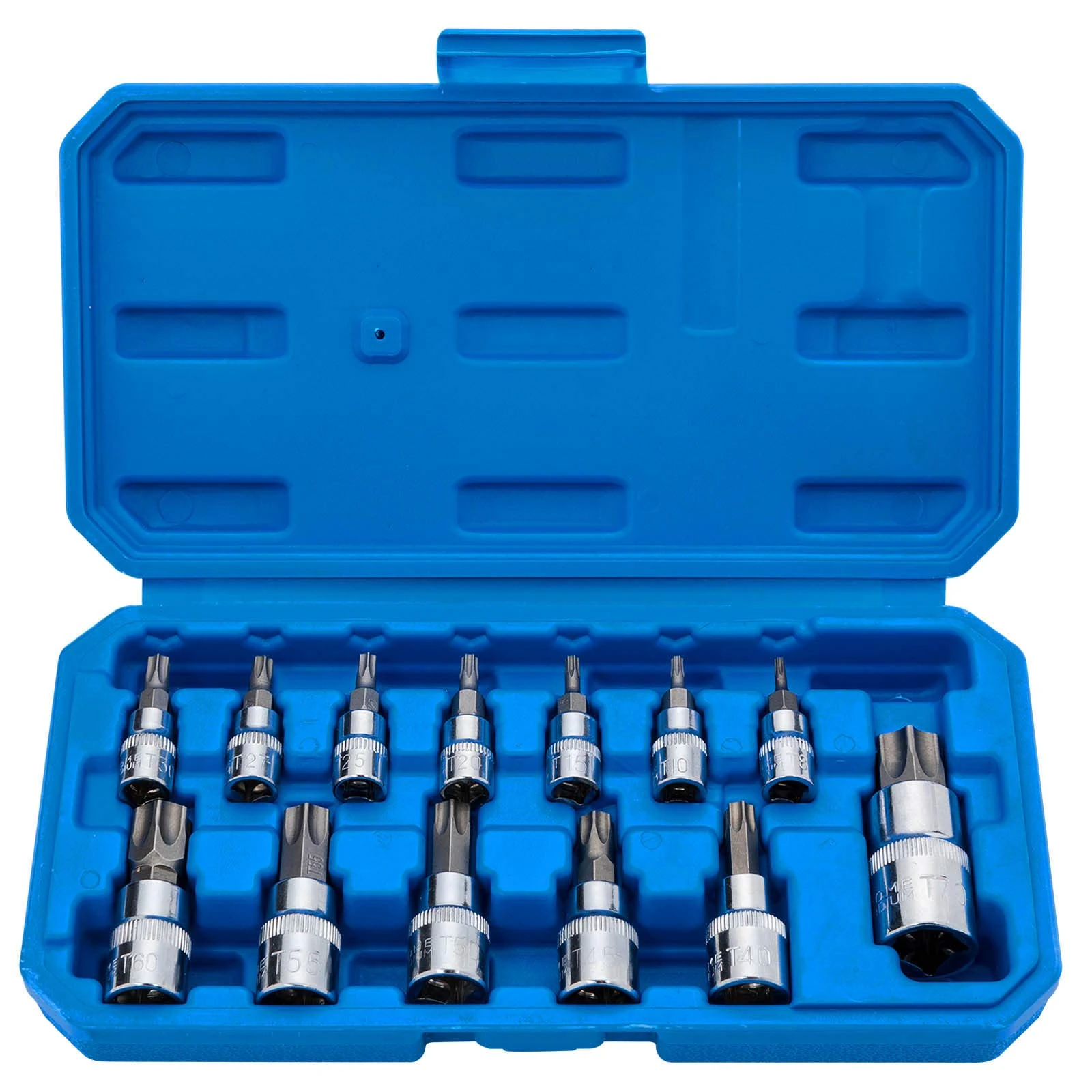 Torx Bit Socket Set 13pcs 3/8" Dr. T8 - T70 E Star Premium S2 Alloy Steel Cr-V Steel Star Socket Torx Bits Metric 1/4, 3/8 and 1/2-Inch Drive