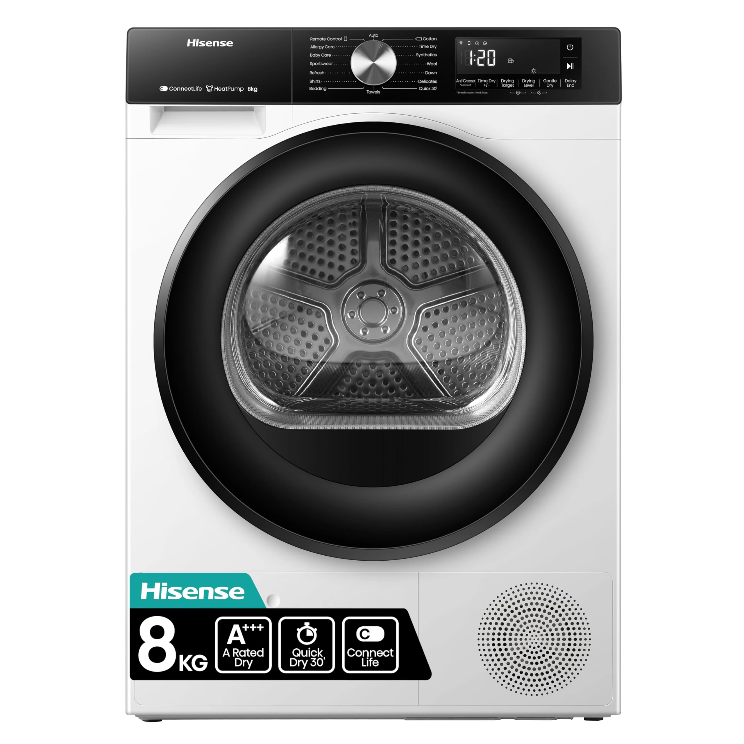 Hisense 3S WiFi Series DH3S802BW3 60cm Freestanding 8KG Heatpump Front Load Tumble Dryer - 16 Programmes - Auto dry- Steam Refresh - Allergy Care - White A+++ Rated