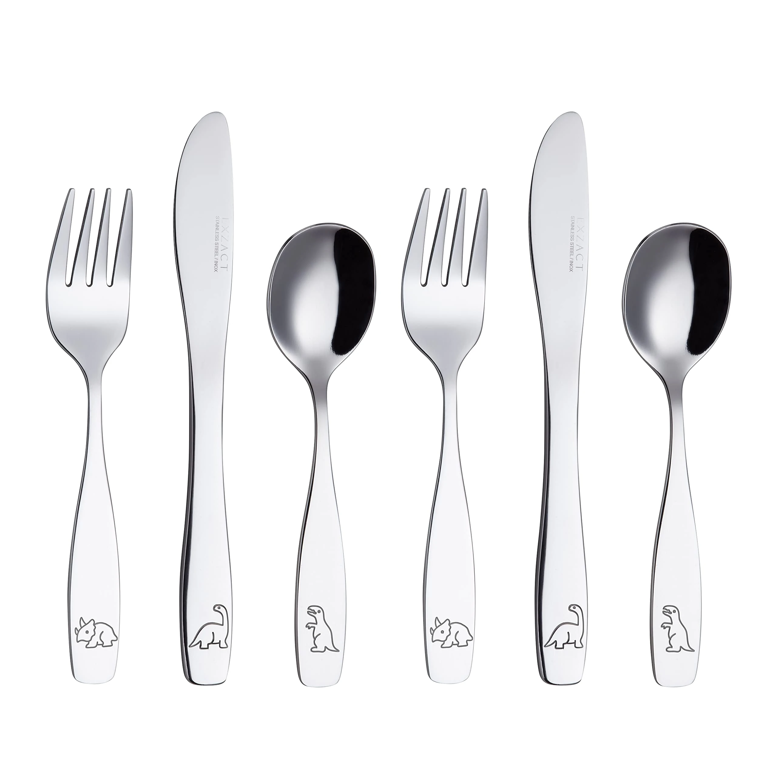 Exzact Children's Cutlery Stainless Steel 6pcs Set/Kids Cutlery/Toddler - Dishwasher Safe - 2 x Forks, 2 x Safe Dinner Knives, 2 x Table Spoons - Engraved Design - Dinosaurs