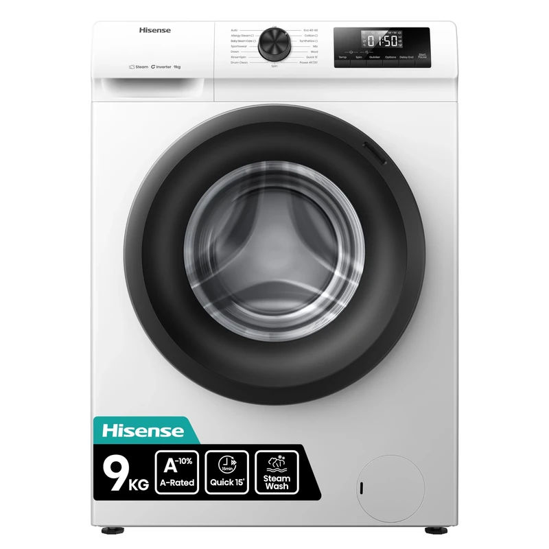 Hisense 1Q Series WF1Q9041BW Freestanding 9 KG Front Load Washing Durable Inverter Machine, Steam Wash, Quick Wash, 15 Washing Programs 1400 RPM White - Energy Rating A