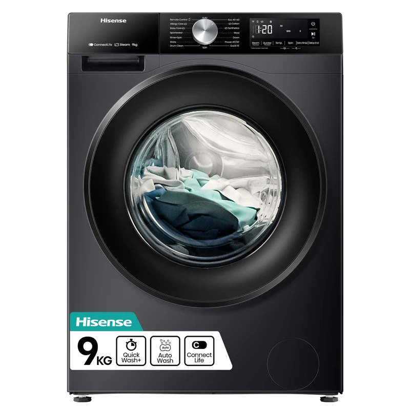 Hisense 3S WiFi Series WF3S9043BB3 9 KG Front Load Washing Machine Durable Inverter, Steam Wash, Quick Wash, 19 Programmes 1400 RPM - Black Energy Rating A