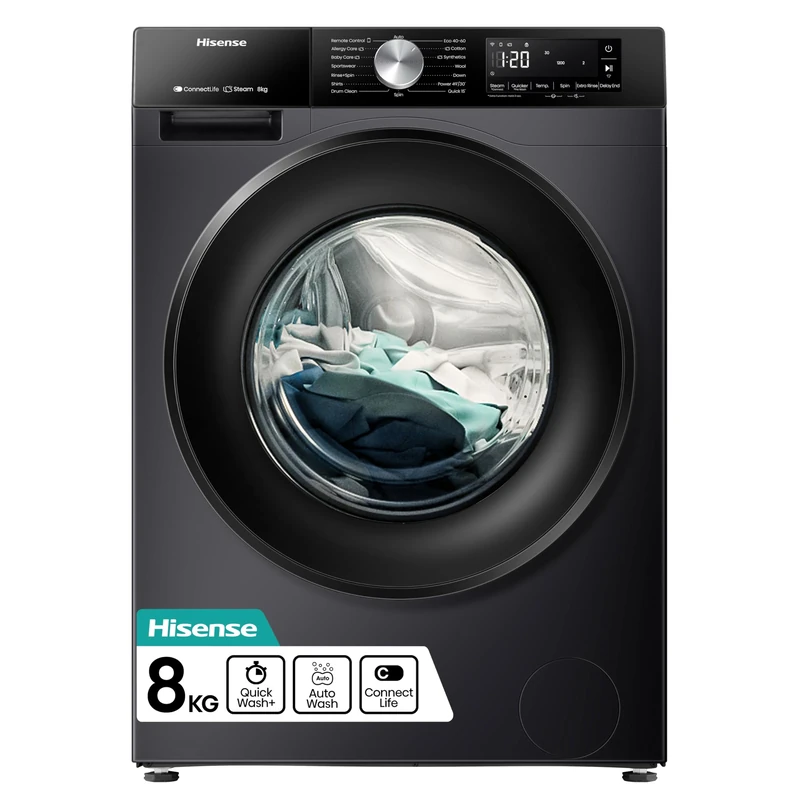 Hisense 3S WiFi Series WF3S8043BB3 8 KG Front Load Washing Machine Durable Inverter, Steam Wash, Quick Wash, 19 Programmes 1400 RPM White Energy Rating A
