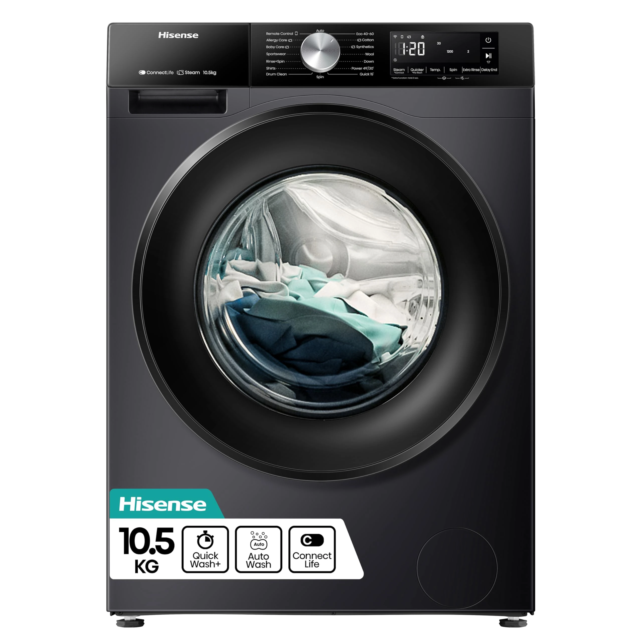 Hisense 3S WiFi Series WF3S1043BB3 10.5 KG Front Load Washing Machine Durable Inverter, Steam Wash, Quick Wash, 19 Programmes 1400 RPM Black Energy Rating A
