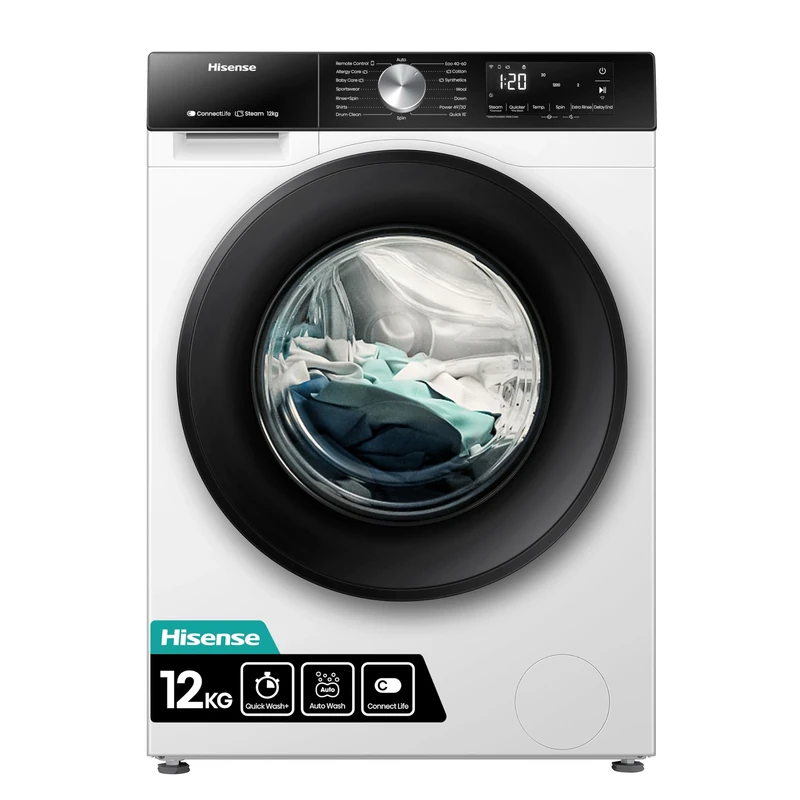 Hisense 3S WiFi Series WF3S1243BW3 12 KG Front Load Washing Machine Durable Inverter, Steam Wash, Quick Wash, 19 Programmes 1400 RPM White Energy Rating A