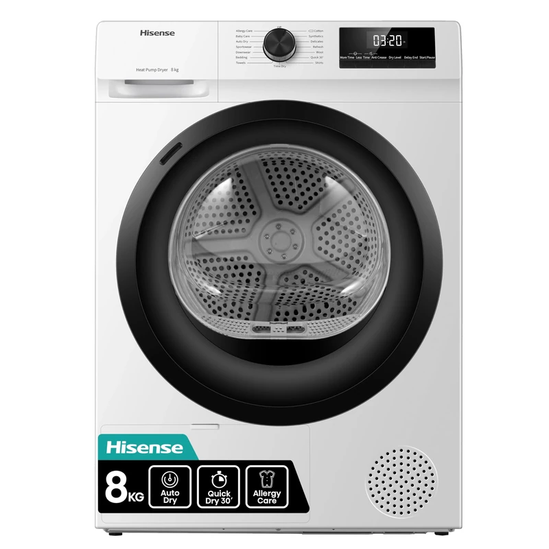 Hisense DH1Q802BW2 60cm Freestanding 8 KG Heatpump Front Load Tumble Dryer, 16 Programmes, Auto Dry, Steam Refresh, Allergy Care - White